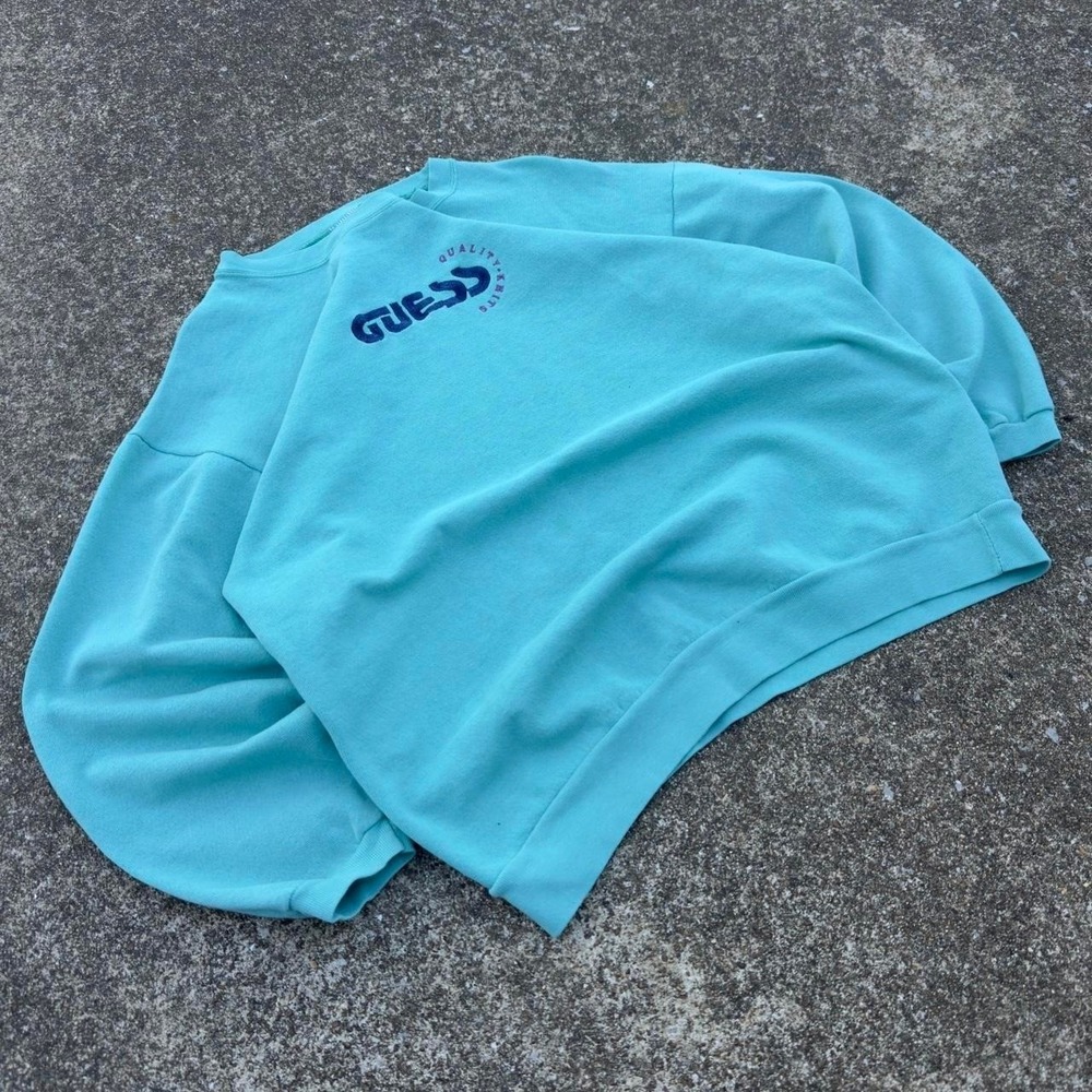 Vintage 90s Guess Crewneck Sweatshirt Teal USA Made Logo Mens Small f6